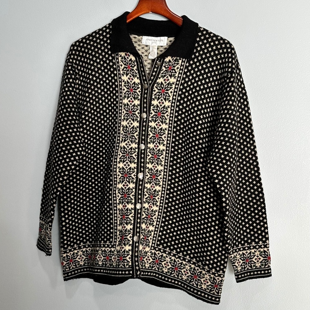 JONES NEW YORK SPORT Womens 1X Fair Isle Snowflake Knit Cardigan Sweater